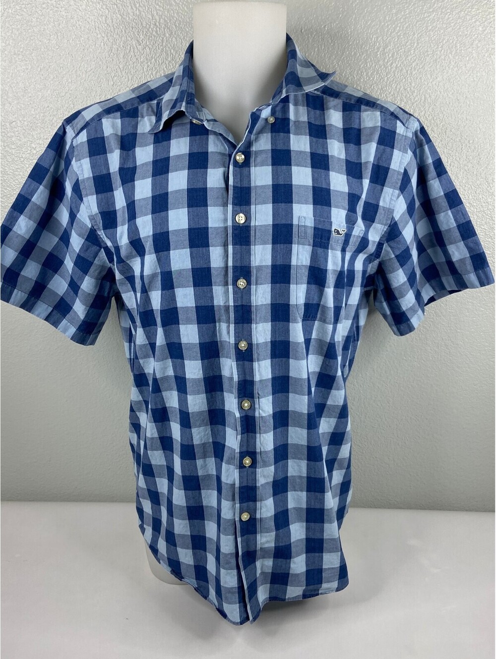 Vineyard Vines Men XL Blue Plaid Short Sleeve Button Front Shirt Slim Fit Tucker
